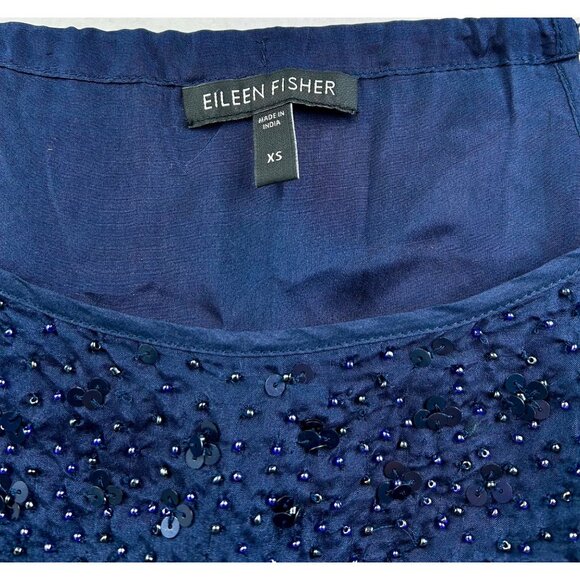 Eileen Fisher Rare Vintage 100% Silk Navy Blue Beaded Sequin Slip Dress XS - Picture 3 of 7